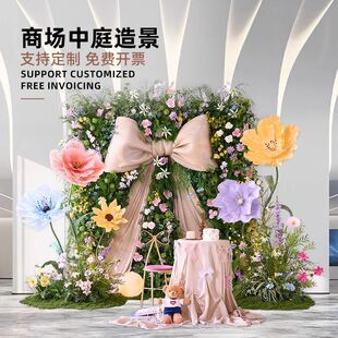 仿真绿植造景超大蝴蝶结落地花丛童话风舞台直播间背景绿植墙道具