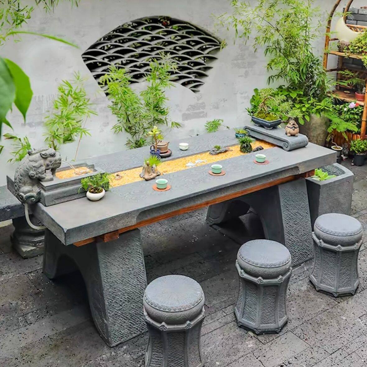 茶桌石雕桌子室外园林青石石桌石凳花园别墅仿古庭院订制圆形复古