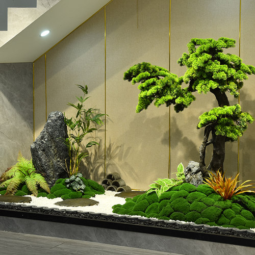 室内摆件新中式楼梯下造景装饰摆件仿真绿植迎客松假山枯山水景观