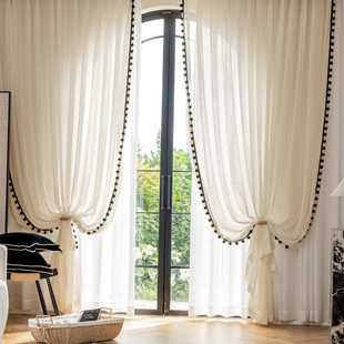 纱帘法式 中古风亚麻纱透光不透人原木风客厅阳台复古高级感加毛球