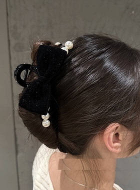 韩国东大门新款黑色满天星丝绒珍珠蝴蝶结细闪鲨鱼夹抓夹发抓发夹