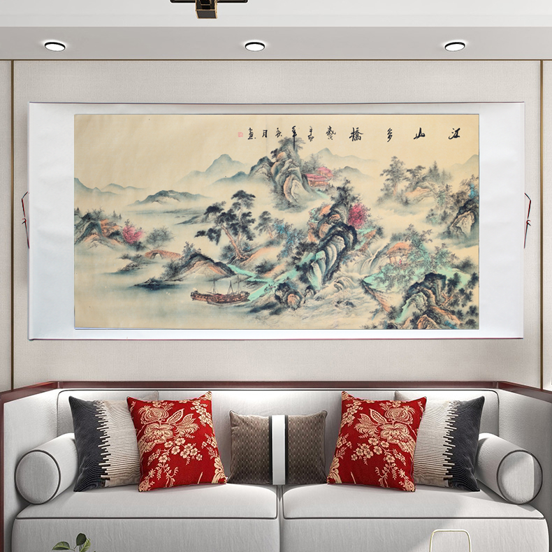 袁江仿古国画真迹客厅山水画书房茶室挂画仿古名画春江游骑图