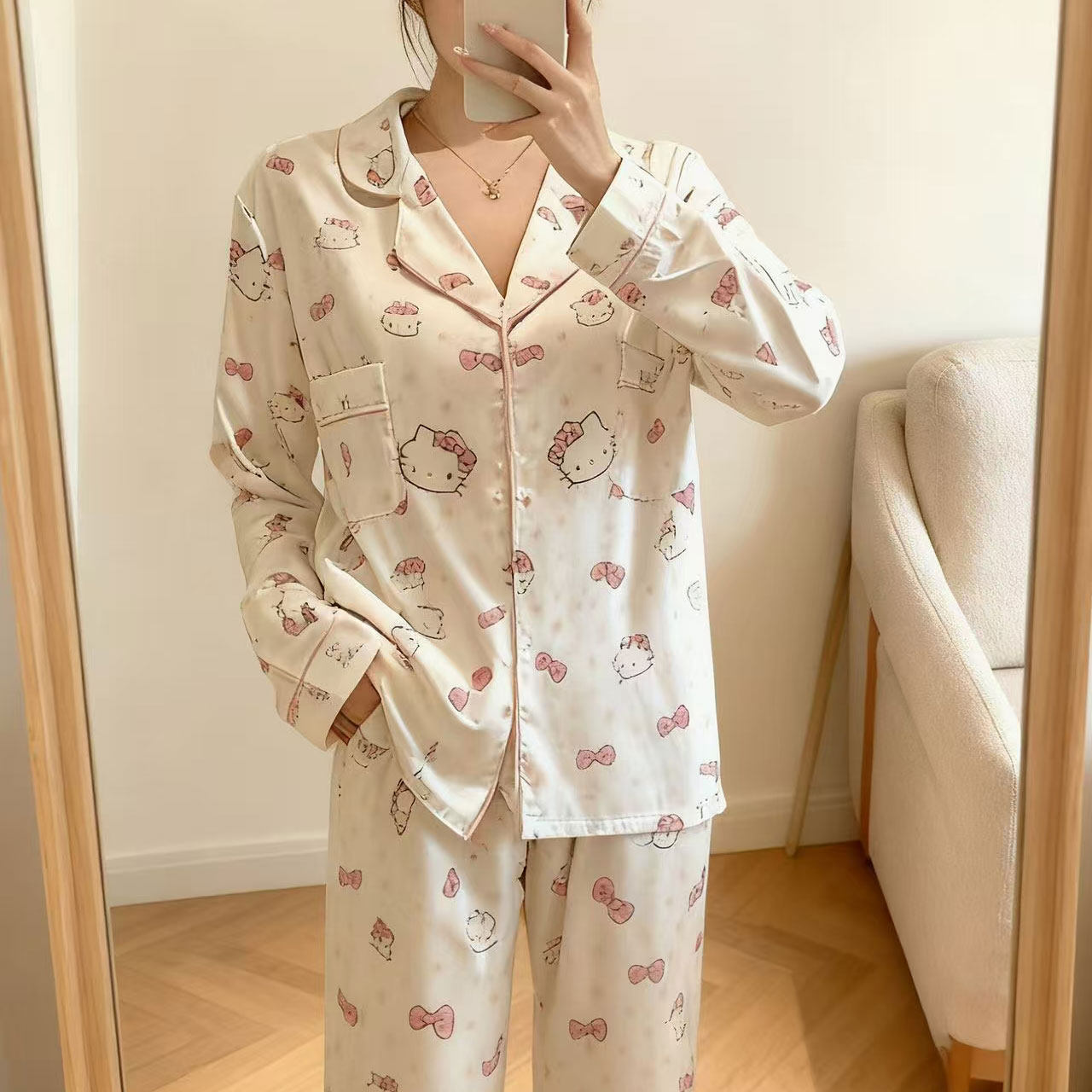 睡衣女款长袖长裤春秋季2025新款卡通可爱KT猫套装翻领大码家居服