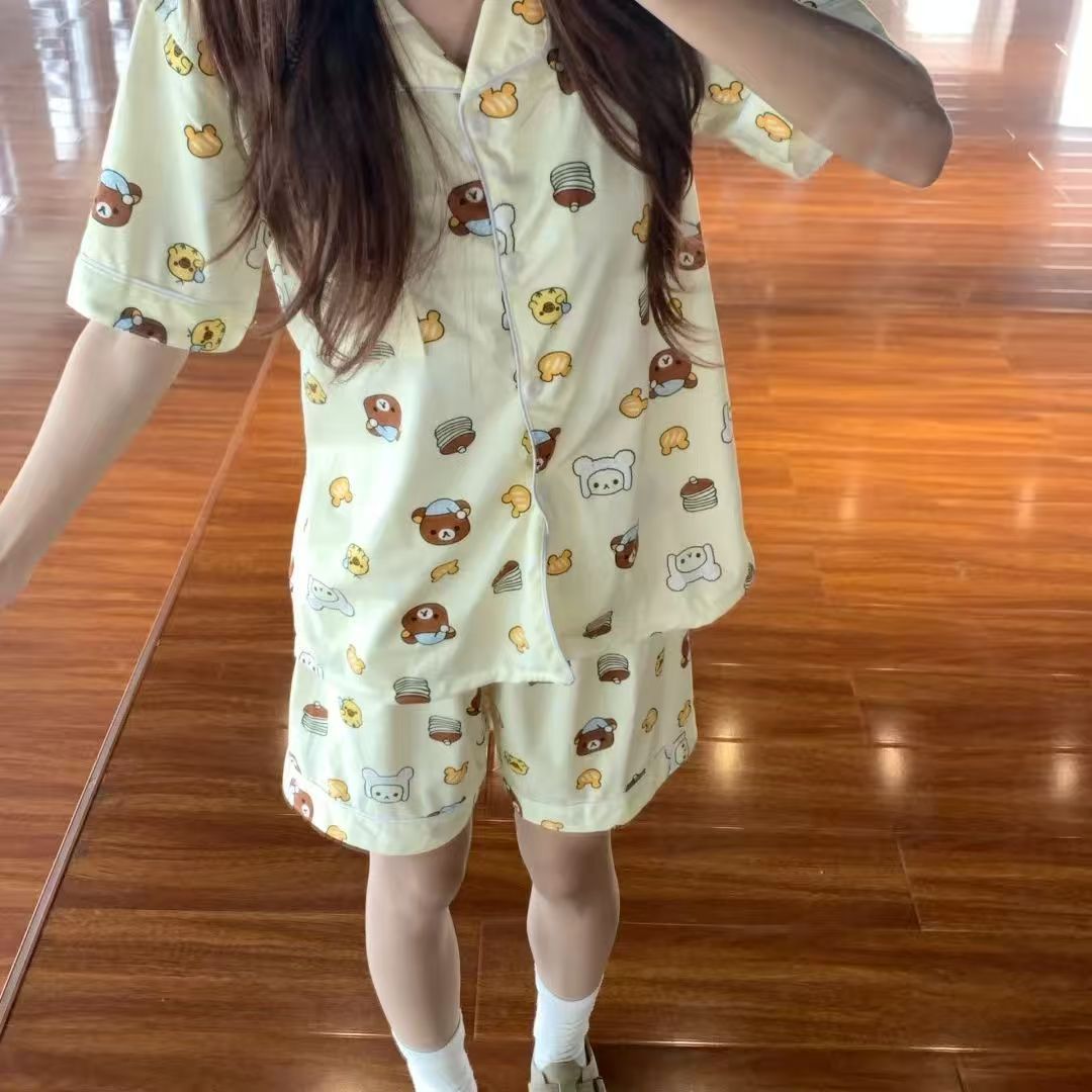 带胸垫可爱风小熊睡衣女款夏季云朵纯棉纱短袖三件套装卡通家居服