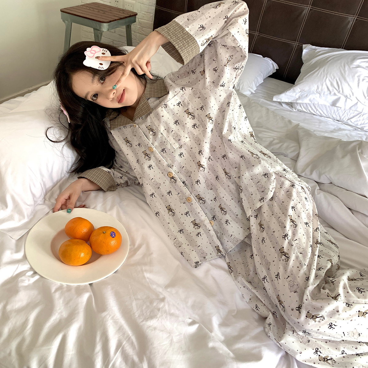 卡通睡衣女短袖长裤春夏款三件套可爱薄款小狗少女开衫家居服夏季