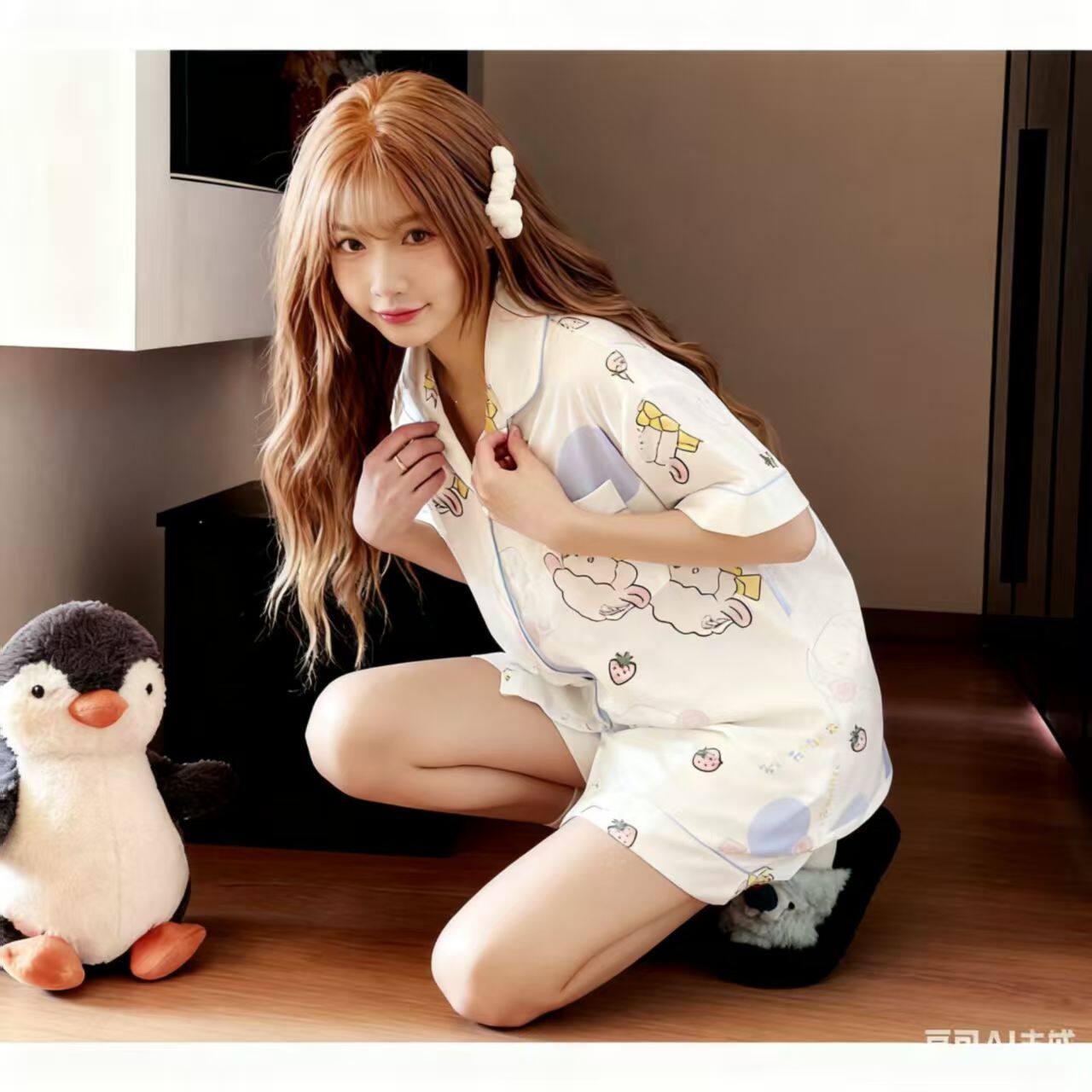 日系兔子睡衣女薄款春夏季可外穿纯棉纱短袖学生家居服棉绸三件套