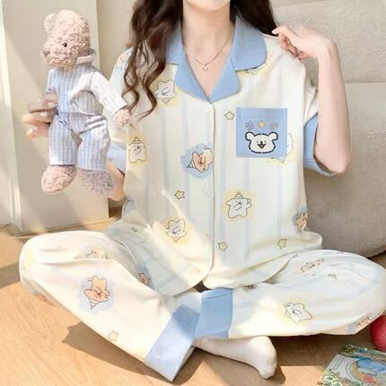线条小狗睡衣女款夏季凉感纯棉短袖裤卡通可爱家居服套装夏天薄款