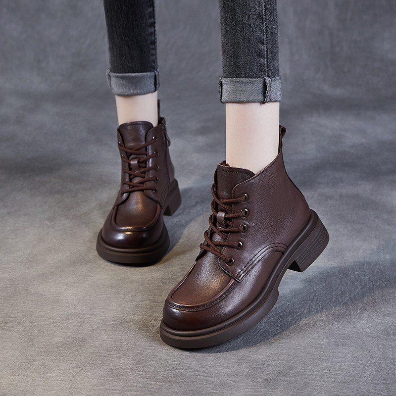 马丁靴女春秋单靴2024新款真皮显脚小及踝靴平底粗跟英伦风短靴