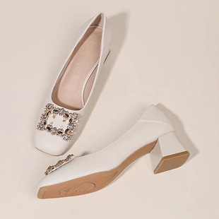 法式气质高跟鞋女新款夏季百搭方头晚风温柔单鞋女中跟浅口瓢鞋粗