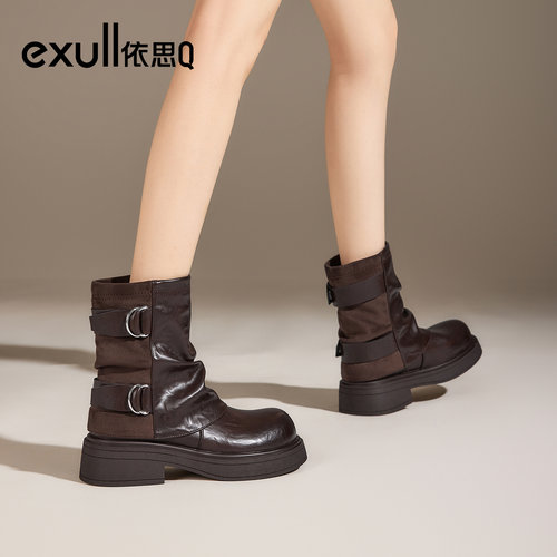 exull/依思Q2025新款秋季美拉德裤管骑士靴复古机能搭扣马丁靴子