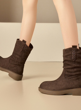 绒面棕色复古短靴女2025新款秋冬爆款马丁靴粗跟显瘦堆堆靴