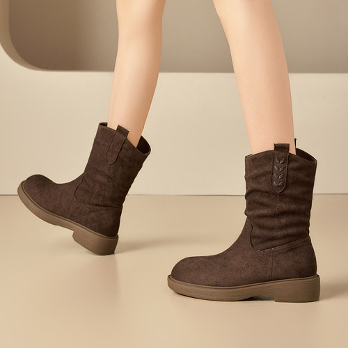 绒面棕色复古短靴女2025新款秋冬爆款马丁靴粗跟显瘦堆堆靴