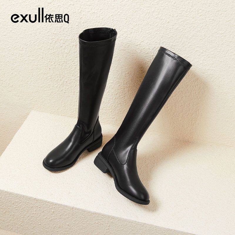依思q长筒骑士靴不过膝小个子韩系圆头显瘦帅气皮靴女2023冬爆款