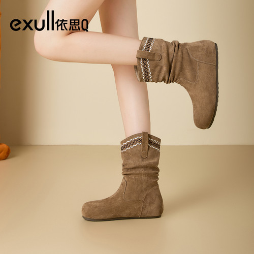 exull/依思Q2025秋冬平底马丁靴女靴绒面美拉德中筒靴复古堆堆靴
