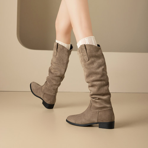 exull/依思Q2025秋季绒面堆堆靴长筒靴女瘦瘦靴尖头v口高筒骑士靴