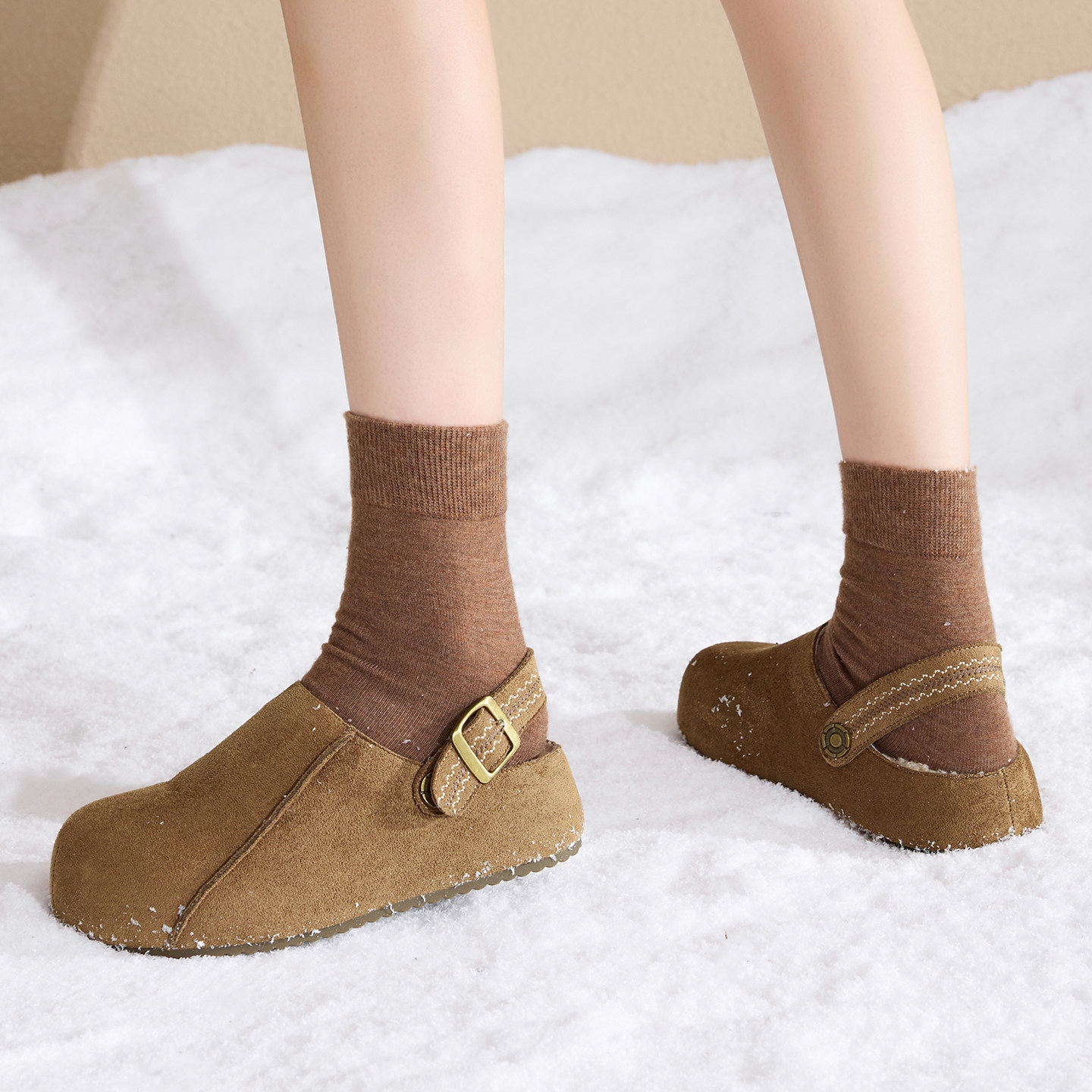 【新品】2025秋冬厚底勃肯鞋半拖鞋女外穿加绒一脚蹬包头拖鞋