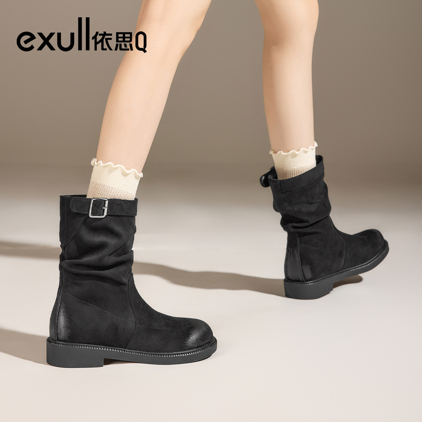 exull/依思Q2025秋冬中筒短靴女百搭复古骑士堆堆靴套筒马丁靴