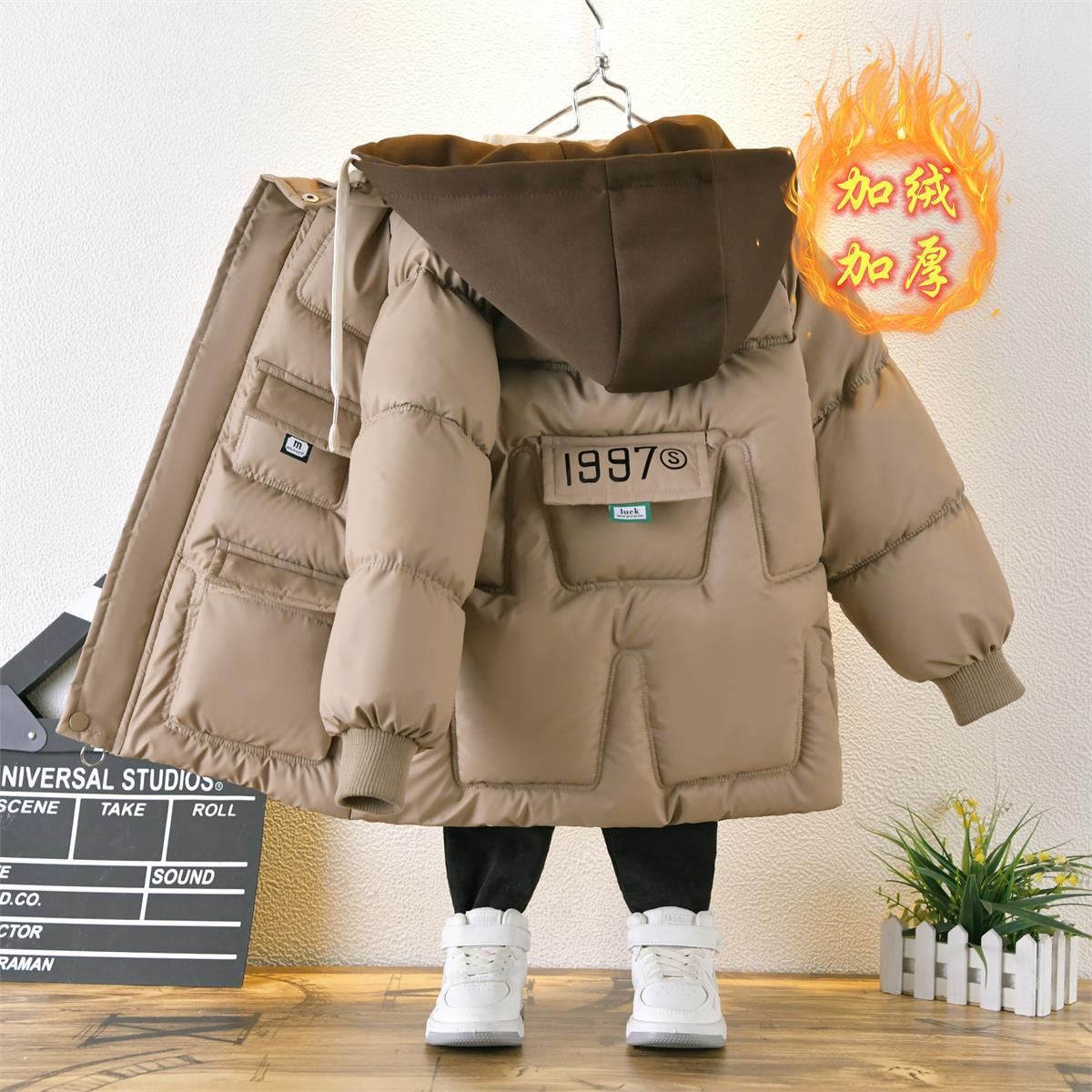 小童男童加绒加厚洋气棉袄冬装外套黑色6个月1-3岁幼儿园童装白色