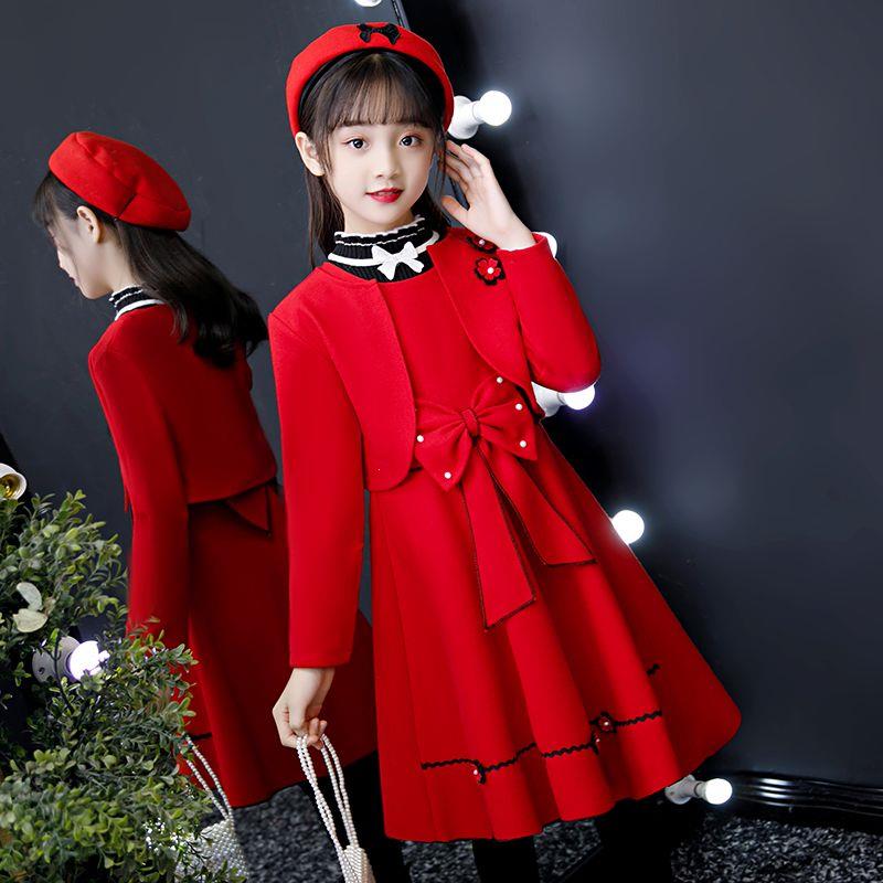 女童连衣裙毛呢裙子两件套公主裙初冬红色小女孩洋气2025新款