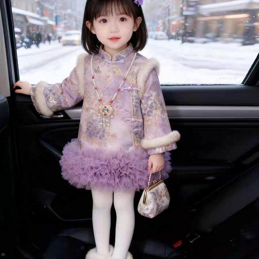 新年款~加绒加棉【绣花旗袍裙】女童汉服裙提花新中式女宝宝紫色,童装/婴儿装/亲子装,旗袍,淘宝优惠券,粉丝福利购,淘宝优惠卷