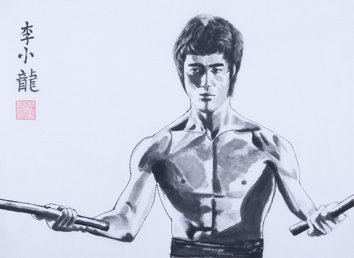 纯手绘李小龙武术国画绘画写意功夫人物字画新中式横幅卧室装饰画