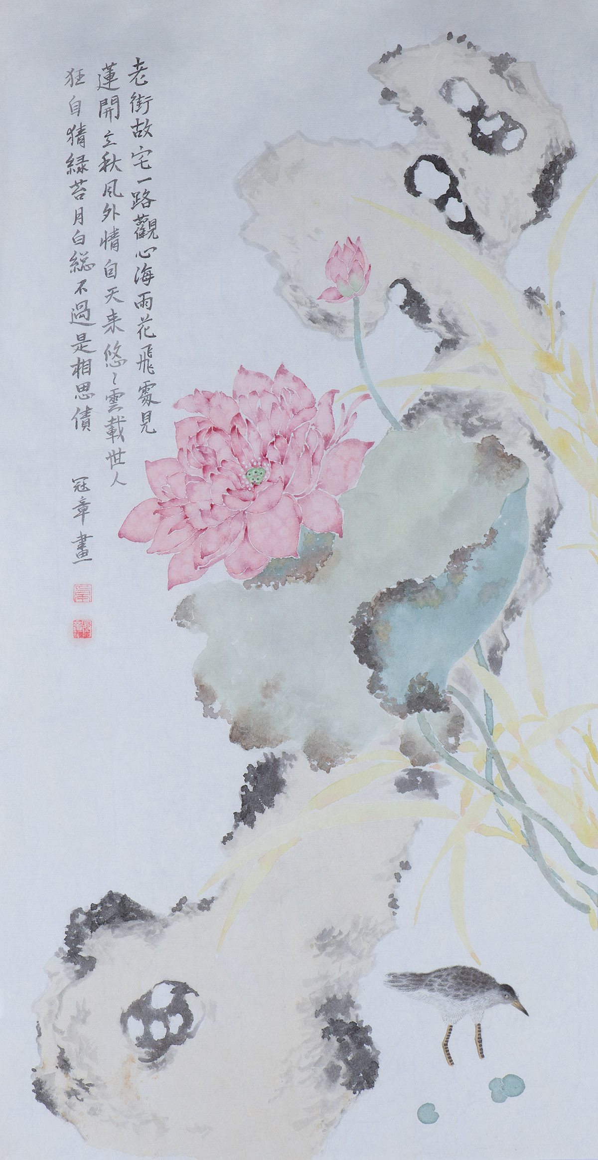 纯手绘中国画写意画没骨花鸟荷花太湖石鹭鸟新中式卧室书房装饰画