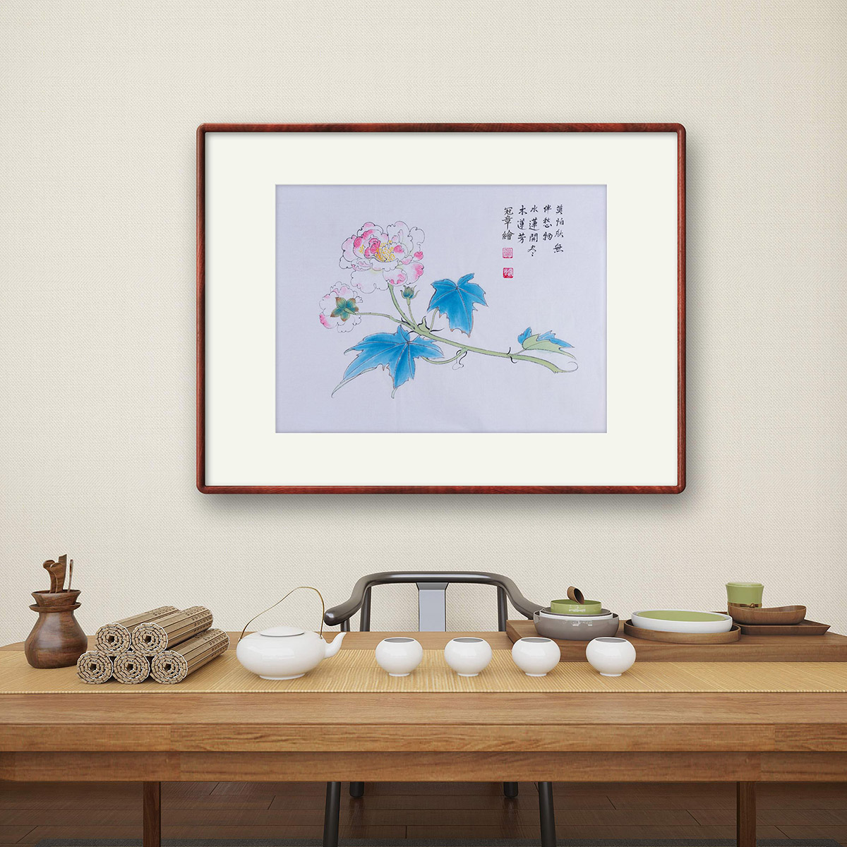 纯手绘真迹横幅国画写意画花鸟水墨画芙蓉花字画客厅定制装饰挂画