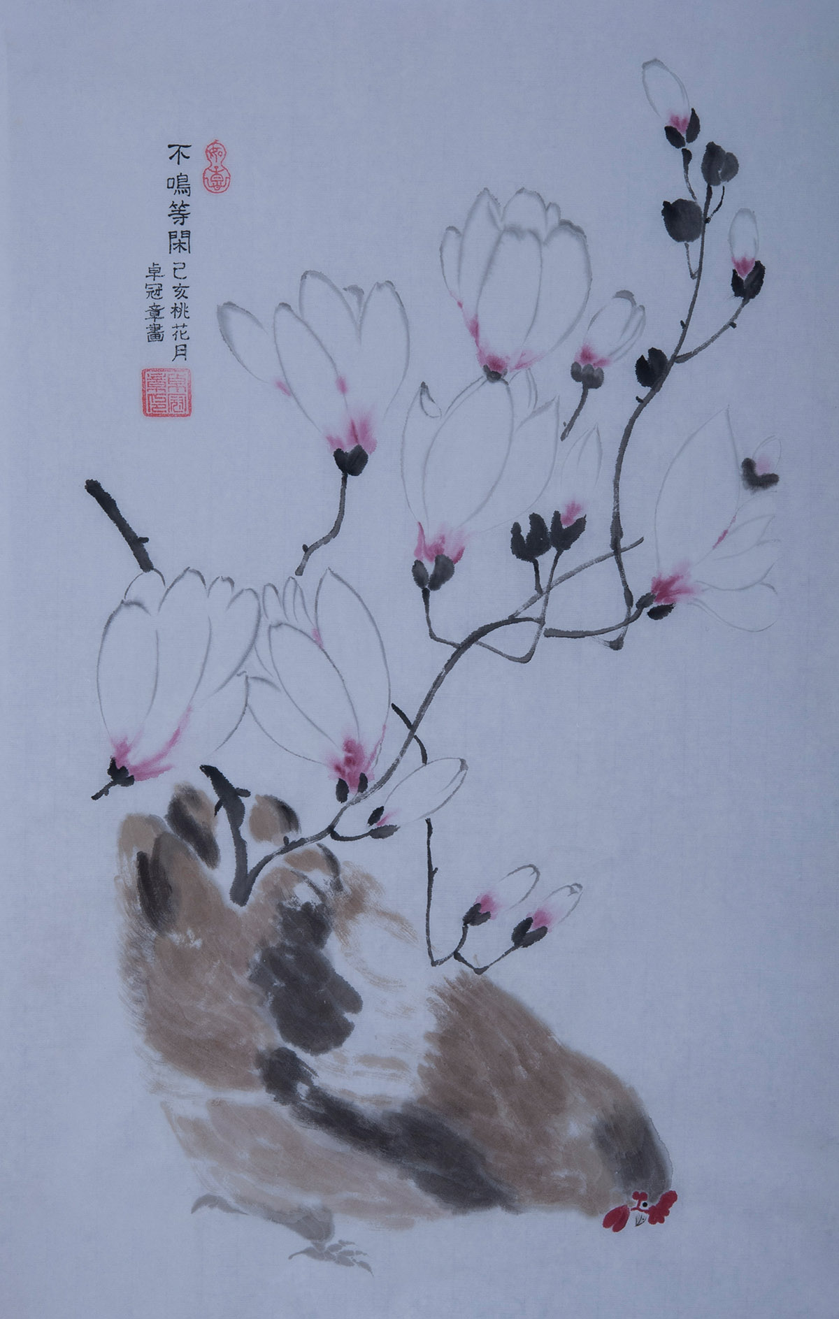 纯手绘中国画写意画花鸟水墨画玉兰花母鸡字画条幅卧室中式装饰图片