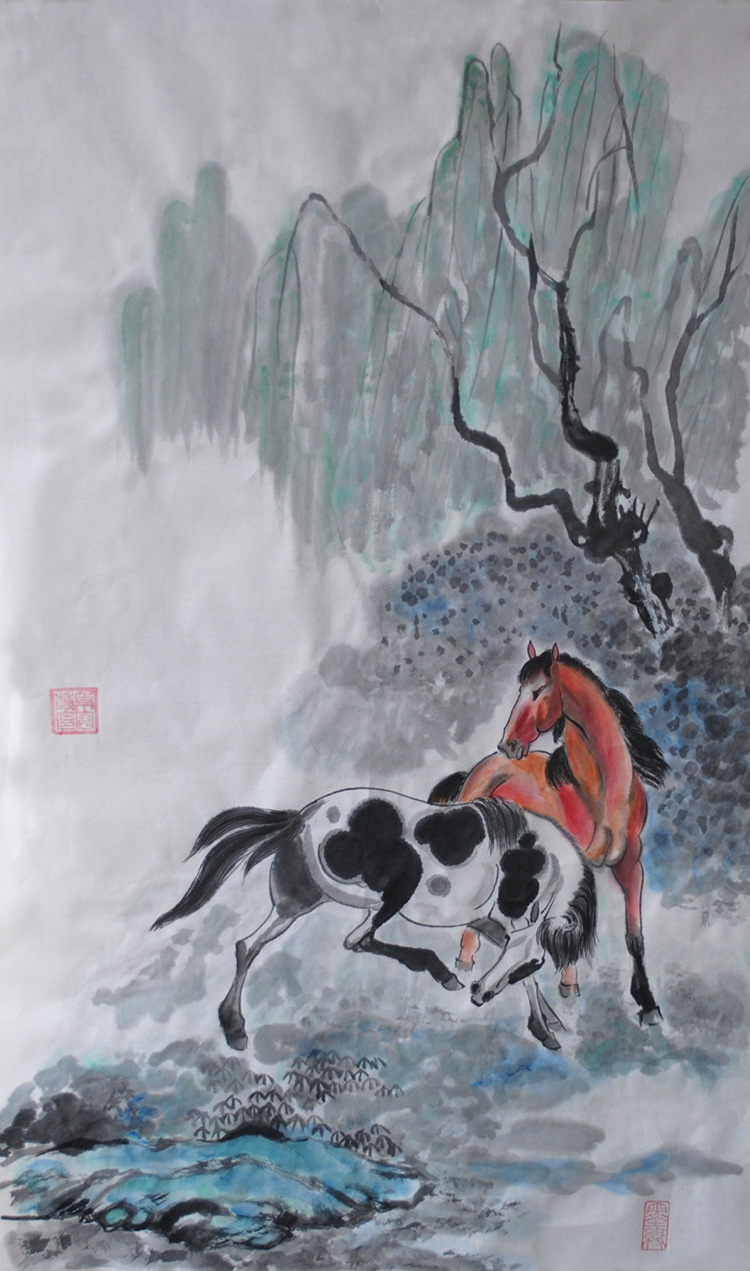 书画纯手绘国画写意画水墨奔马骏马柳树图字画条幅书房装饰画挂画