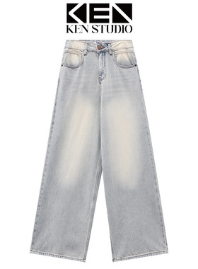 秋冬新款蓝色加绒牛仔裤女美式复古加厚保暖宽松阔腿裤拖地裤裤子