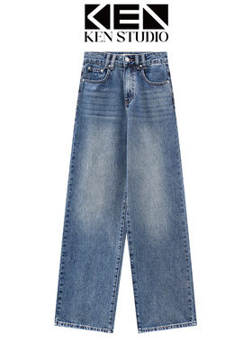 秋冬新款蓝色加绒复古水洗阔腿牛仔裤女高腰直筒宽松显瘦拖地裤子