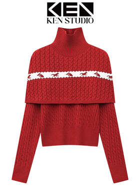 秋冬新款红色提花斗篷毛衣女高领套头修身显瘦百搭长袖上衣两件套