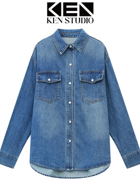 秋冬新款复古深蓝色牛仔长袖衬衫女宽松显瘦百搭休闲外套开衫上衣