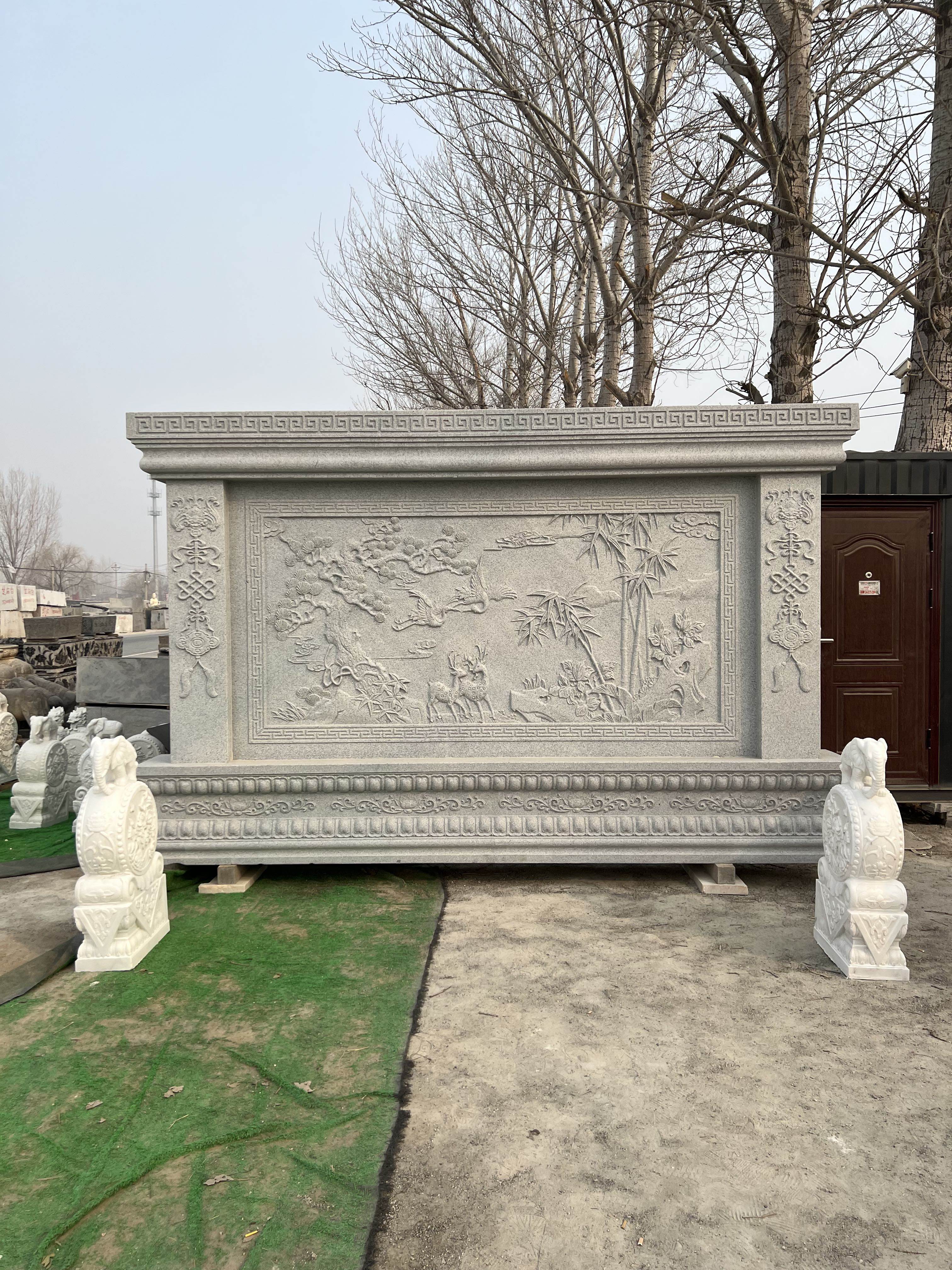 石雕青石屏风影壁墙花岗岩镂空浮雕背景墙晚霞红花开富贵庭院壁画