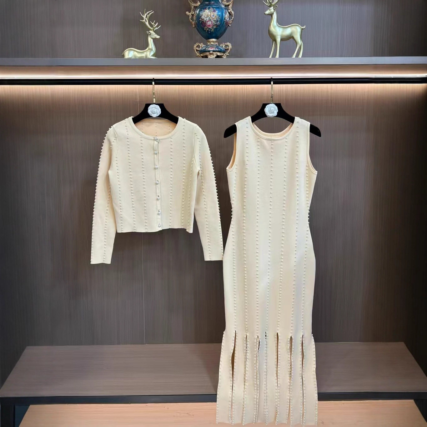 S家女装25秋冬法式设计感重工铆钉修身无袖中长裙针织连衣裙+开衫