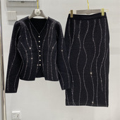 高品质烫钻洋气针织开衫 外套 过膝半裙二件套装 时尚 女 跨境货源