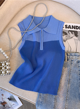 欧洲站25新款纯欲风poll领撞色拼接针织衫女夏季辣妹背心无袖上衣