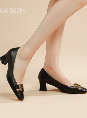 哈森高跟方头单鞋女2025春季新款真皮粗跟浅口小皮鞋HWS250133