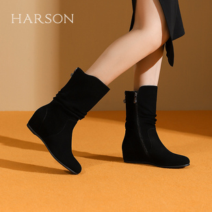 哈森绒面内增高瘦瘦靴女秋冬新款黑色堆堆靴中筒靴HA247166