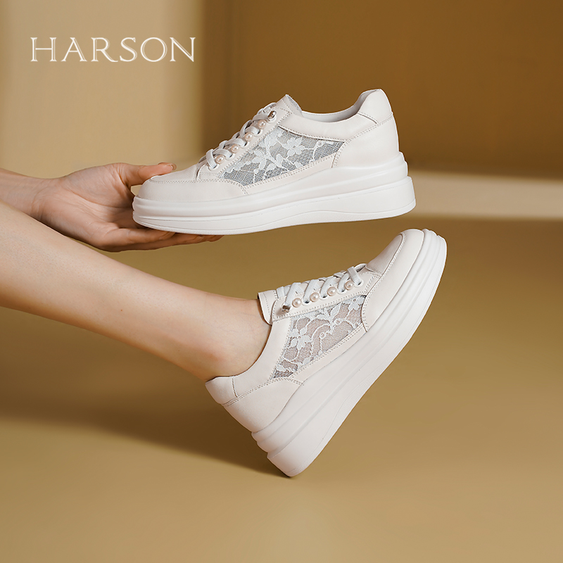 哈森小白鞋2025夏季新款休闲板鞋爆款透气百搭厚底女鞋HWCM250106