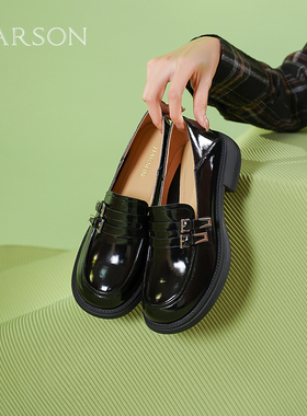 哈森黑色小皮鞋女春秋新款JK学院厚底乐福鞋深口单鞋HS244102
