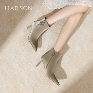 哈森法式高级感高跟女靴秋冬新款尖头细跟时装短靴HA246012