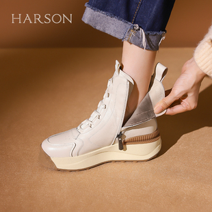 哈森马丁靴女冬季新款加绒棉鞋厚底增高帮东北雪地靴HA237709