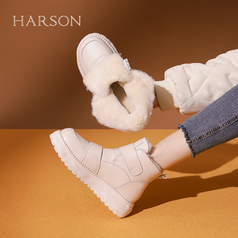 加绒加厚皮毛一体哈森圆头雪地靴