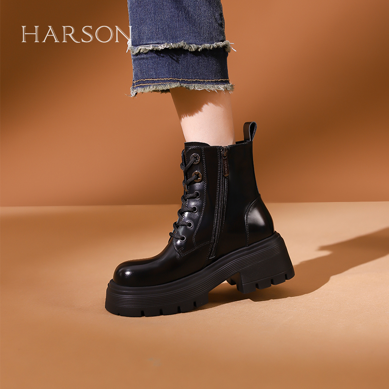 哈森绑带马丁靴短筒厚底