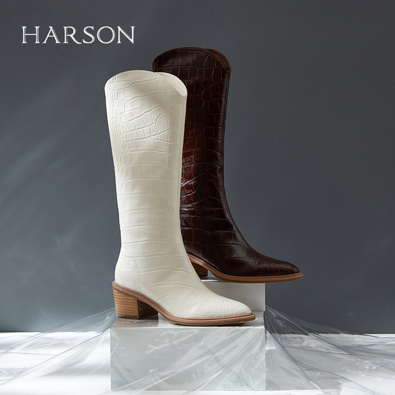 哈森长靴不过膝真皮高筒女靴新款中跟西部牛仔骑士靴HA226043,女鞋,骑士靴,淘宝优惠券,粉丝福利购,淘宝优惠卷