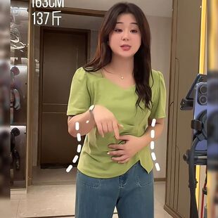 300斤大码 微胖mm甜辣正肩遮肉短袖 T恤夏新款 设计心机透气上衣 女装