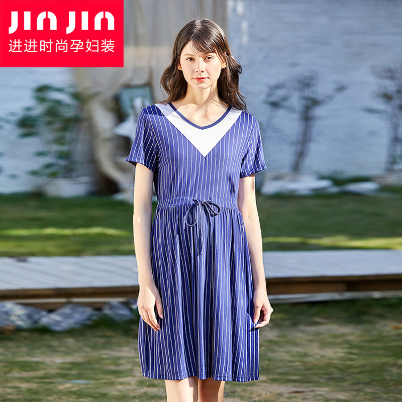 孕妇小香风连衣裙宽松春夏装潮妈短袖小个子中长款网红孕妇装抖音