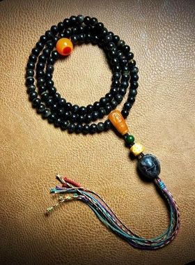 天然披毛犀108颗手串纹理清晰稀品收藏把玩文玩高端牛角限量