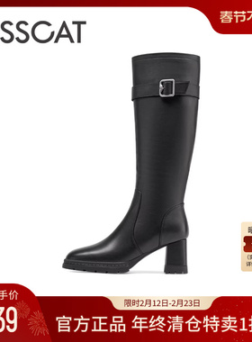 KISSCAT接吻猫春季真皮高跟黑色骑士靴女粗跟长筒西部靴新年战靴